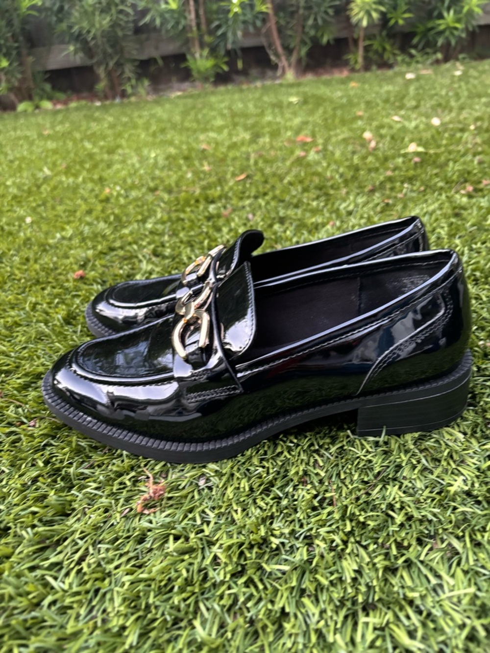 Anne Klein Black Patent Loafers with Gold Chain Accent